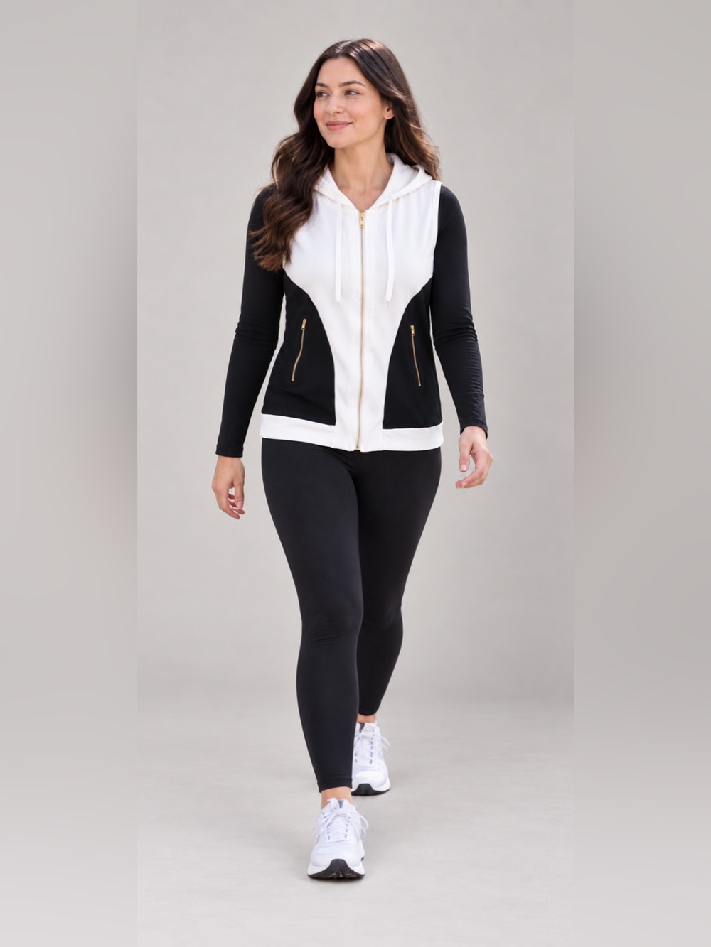 NWOT Slimming Women's White and Black Sleeveless Zip Hoodie